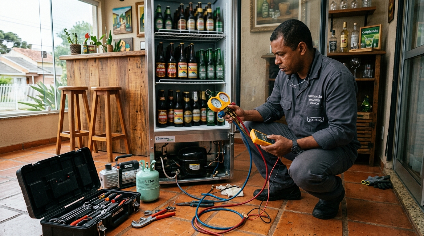Técnico revisando o motor de uma cervejeira durante chamado em Teresina‑PI