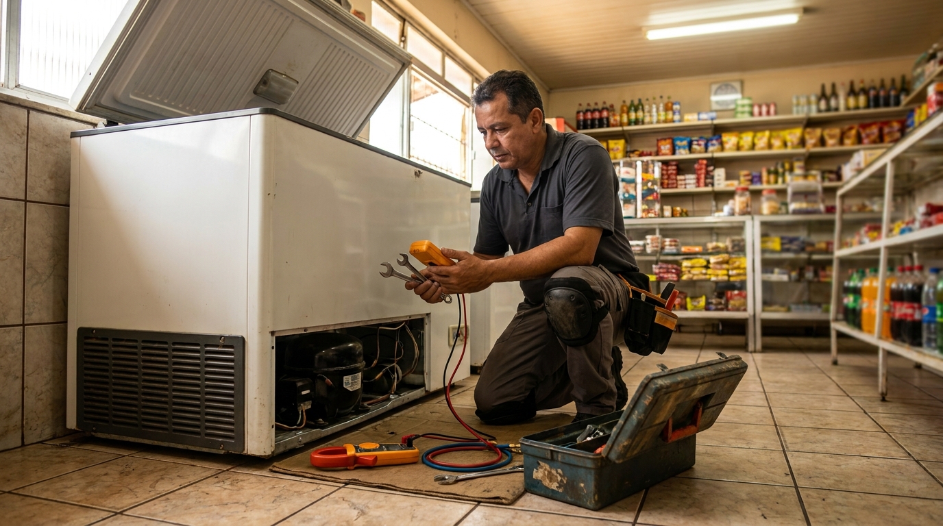 Técnico reparando o motor de um freezer horizontal em Teresina‑PI