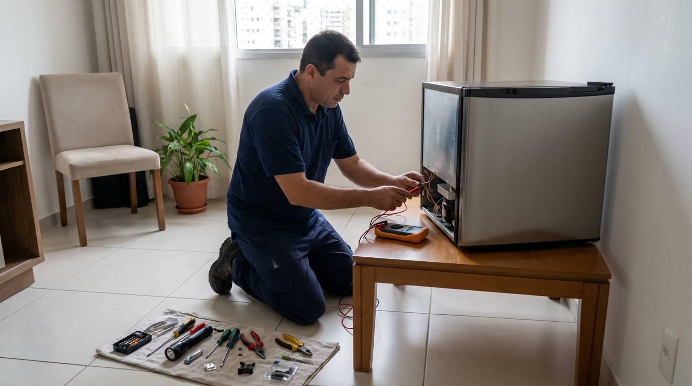 Técnico avaliando um frigobar compacto durante atendimento em Teresina‑PI